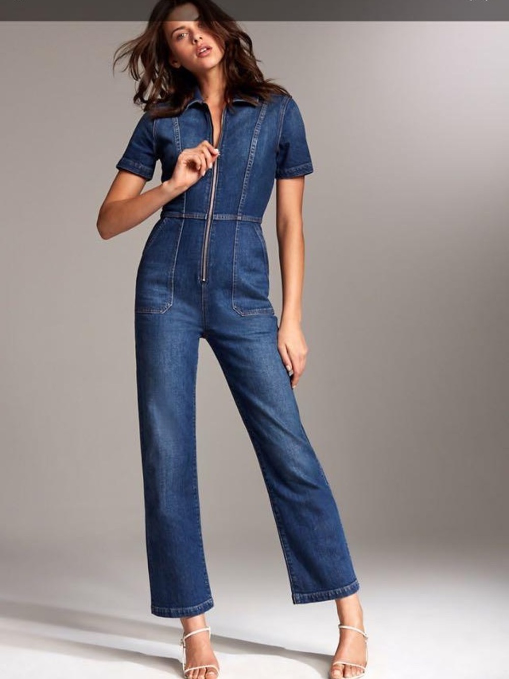Aritzia Denim Forum Dark Blue Short Sleeve Denim Jumpsuit Romper